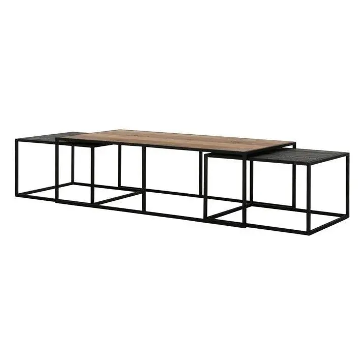 Set van 3 Salontafels Cosmo Langwerpig Teakhout Naturel Zwart DTP Home