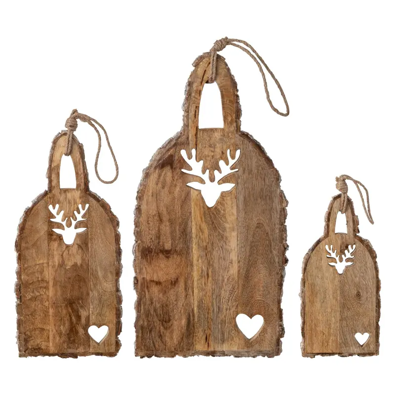 Set van 3 Serveerplanken Rendier En Hart Met Schorsrand Mangohout Naturel J-Line