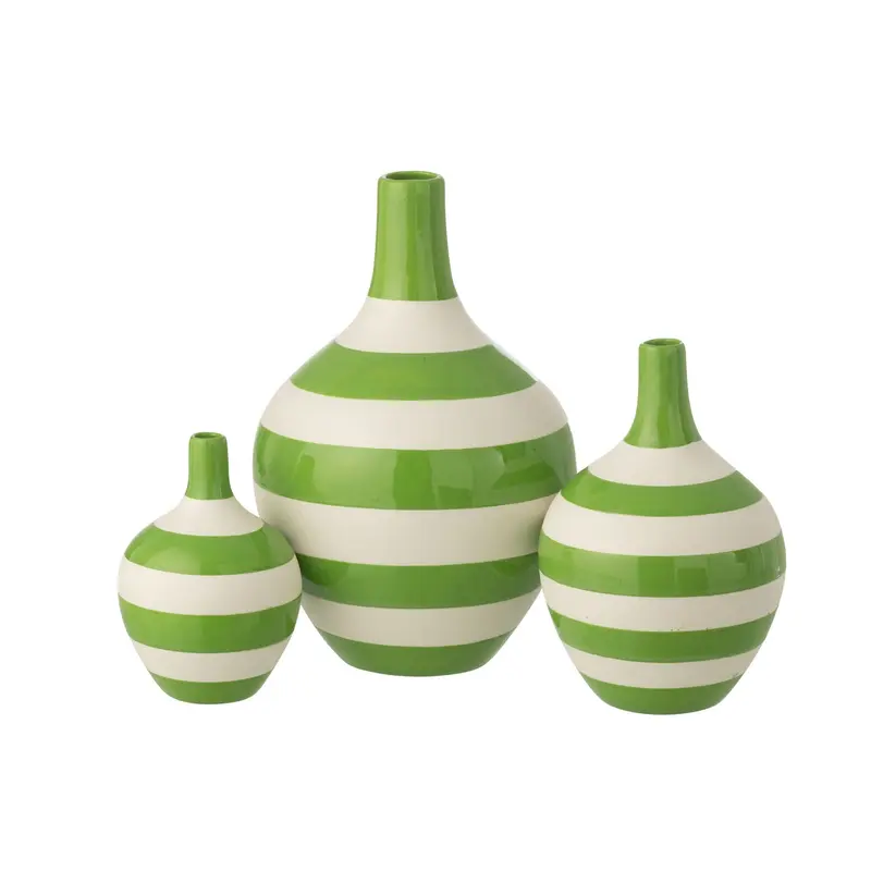 Set van 3 Vaas Gestreept Porselein Wit/Groen J-Line