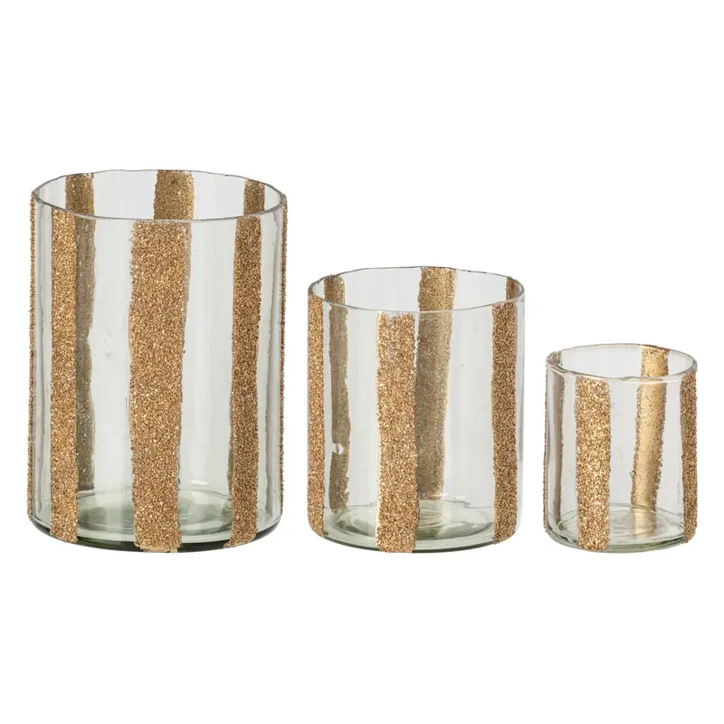 Set Van 3 Windlichten Lea Cilinder Gestreept Glas Goud J-Line