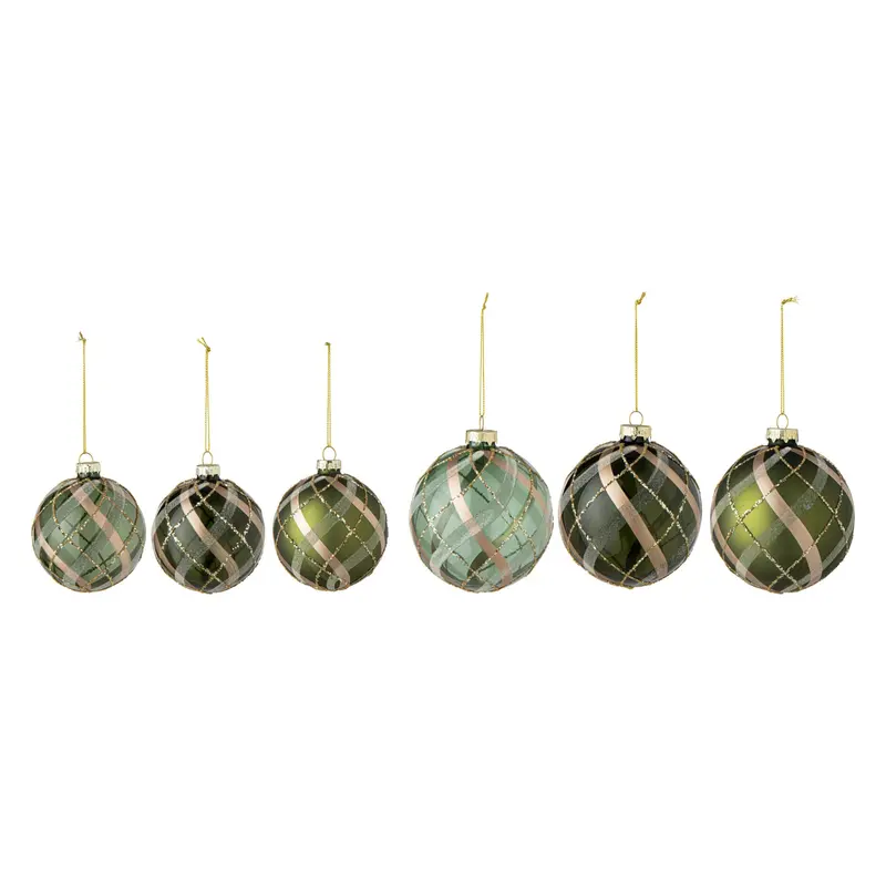 Set Van 6 Kerstballen Geruit Glas Groen Goud J-Line
