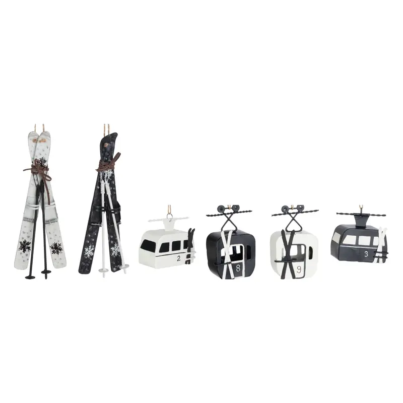 Set Van 6 Kersthangers Skicabine En Ski's Zwart/Wit J-Line