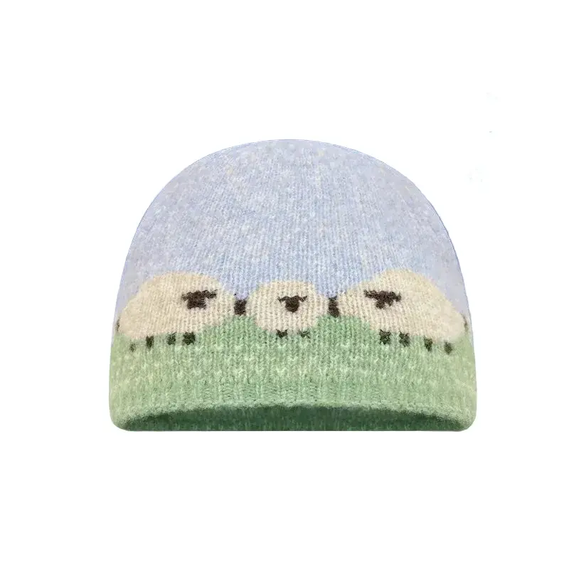 Sheep Meadow Intarsia Knit Beanie Hat