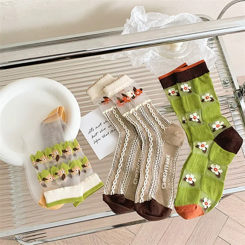 Sheer Cottagecore Pattern Crew Socks (3 Colours)