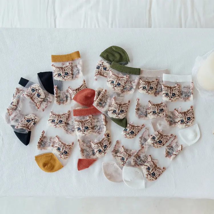 Sheer Embroidered Cat Face Crew Socks (8 Colours)