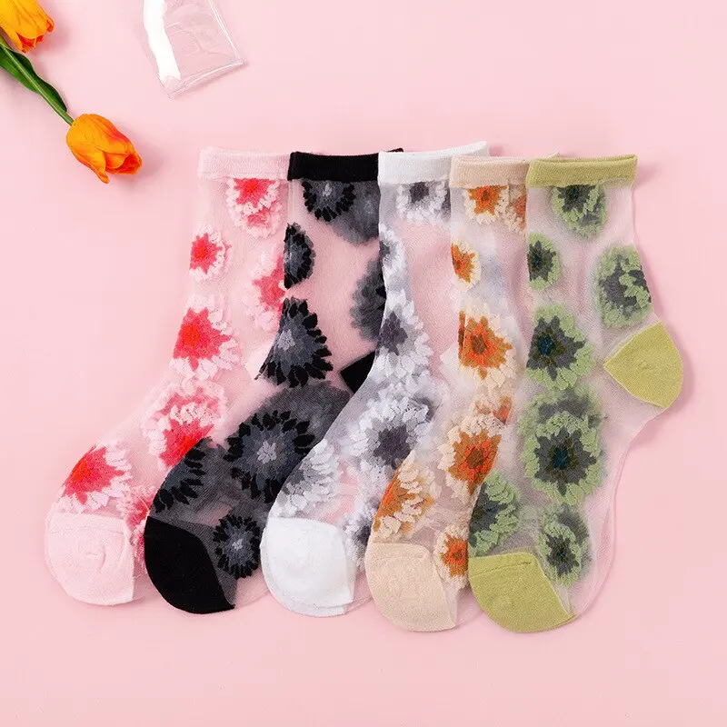 Sheer Flower Pattern Crew Socks