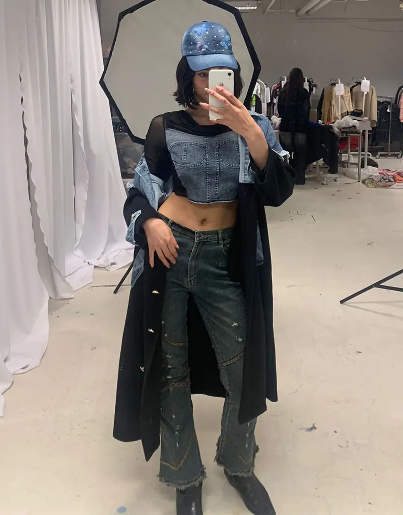 Sheer long sleeve denim corset top