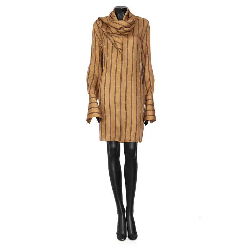Short Dress With V Neck & Long Foulard In Brown Satin Silk Crepe