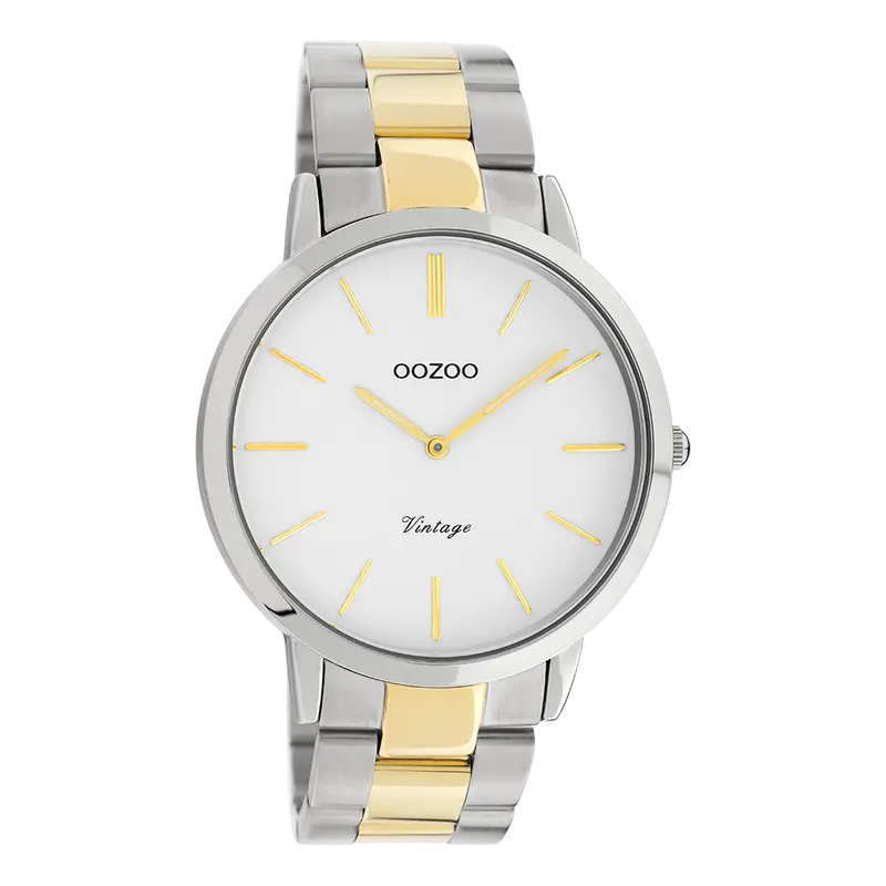 Silver coloured watch with silver/gold coloured stainless steel bracelet - C20101