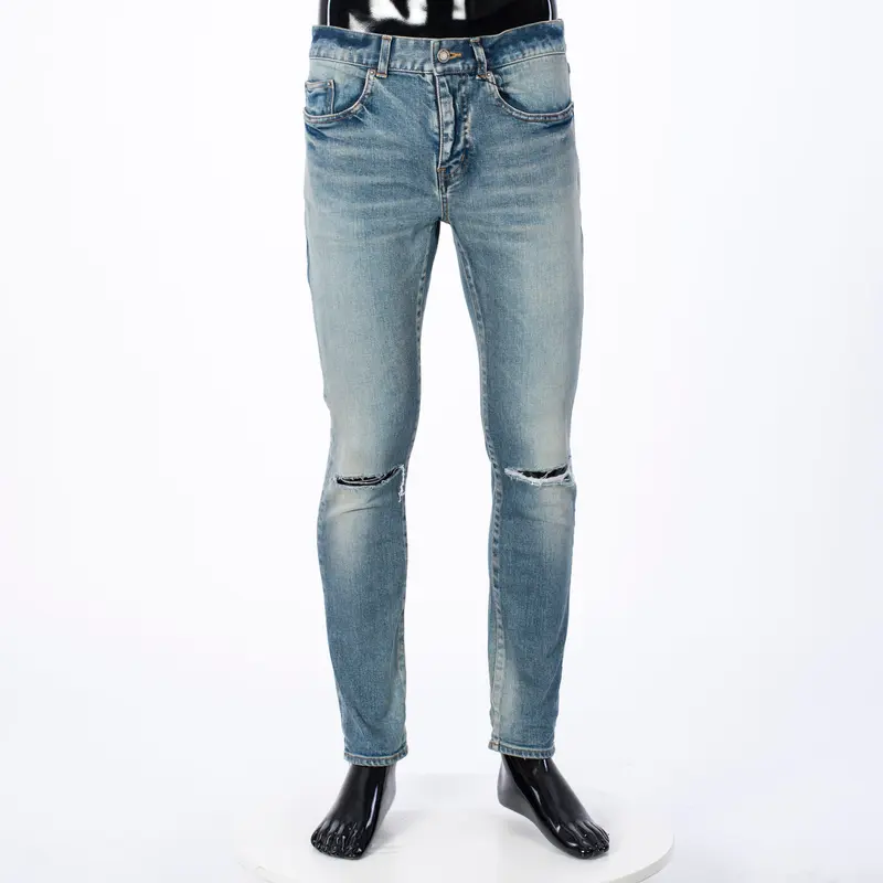 Skinny Jeans In Blue Stretch Denim With Destroyed Knees