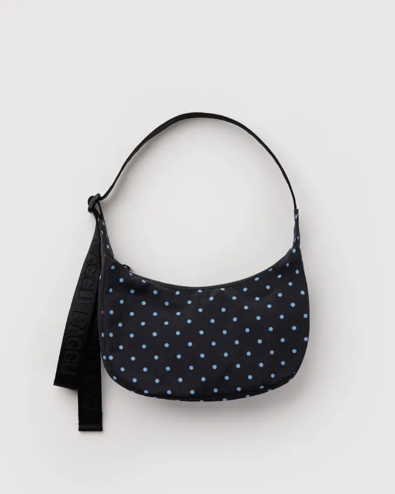 Small Crescent Bag - Black & Sky Blue Micro Dot