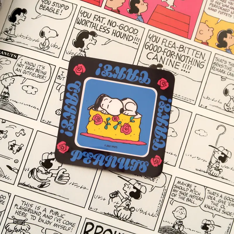 Snoopy Vinyl Sticker // Cake and Flowers Snoopy from Peanuts comics Retro Lettering Cooking Glossy Vinyl Sticker