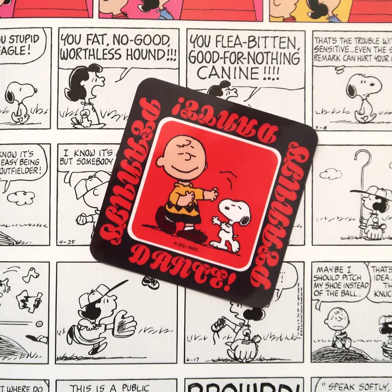 Snoopy Vinyl Sticker // Dancing Snoopy and Charlie Brown from Peanuts comics Retro Lettering Glossy Vinyl Sticker