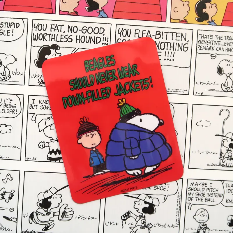 Snoopy Vinyl Sticker // Snoopy and Linus from Peanuts comics "Dogs Shouldn't Wear Down-Filled Jackets" Puffer Coat Glossy Vinyl Sticker