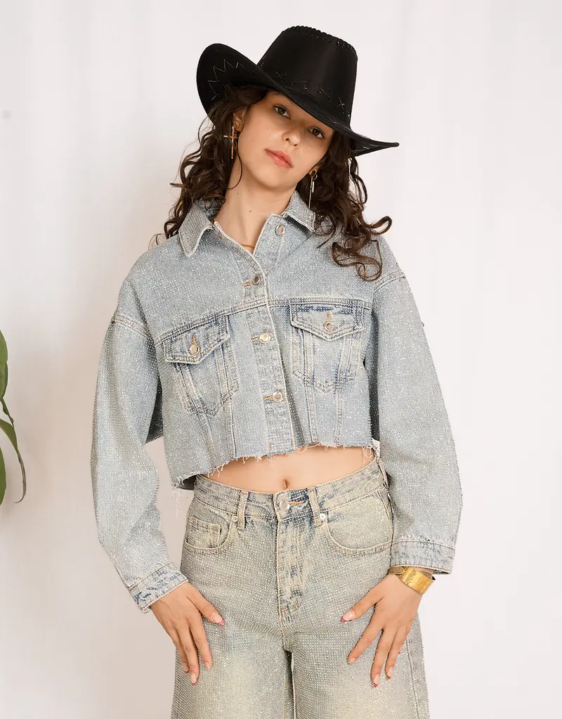 Sparkly cropped raw edge denim jacket