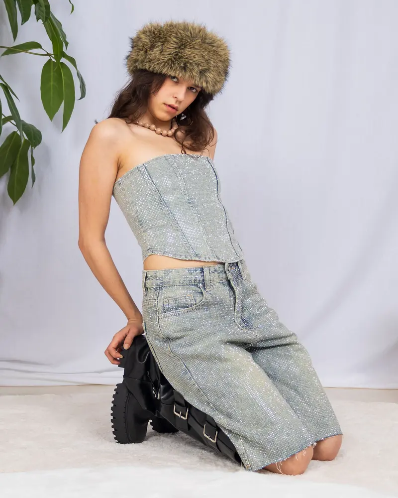 Sparkly detail denim tube top