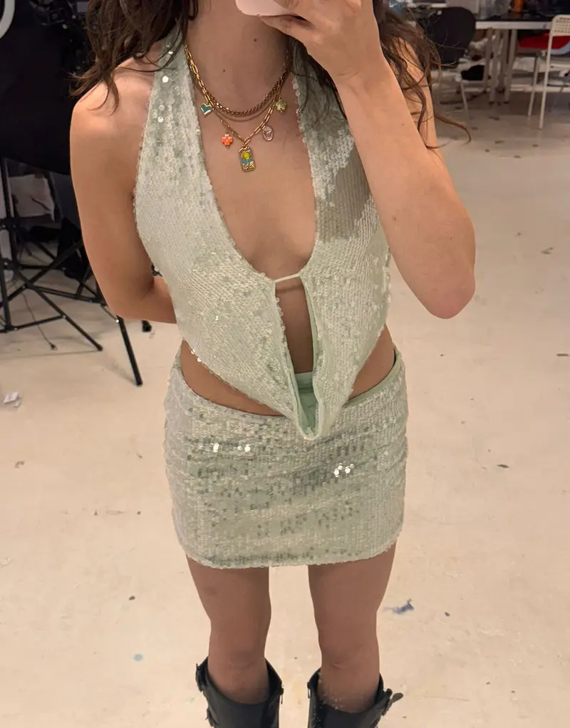 Sparkly sequins waterfall neck top