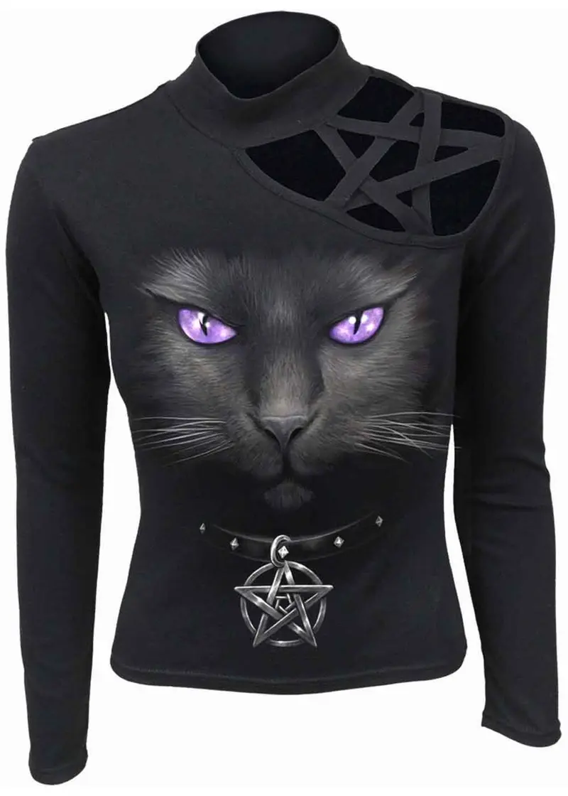 Spiral Black Cat Pentagram Top Black