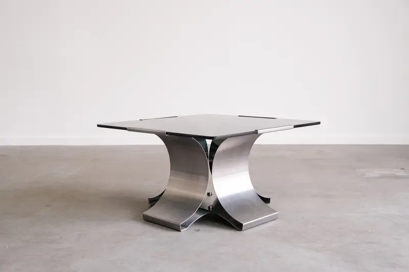 Stainless Steel & Glass Coffee Table in the style of François Monnet