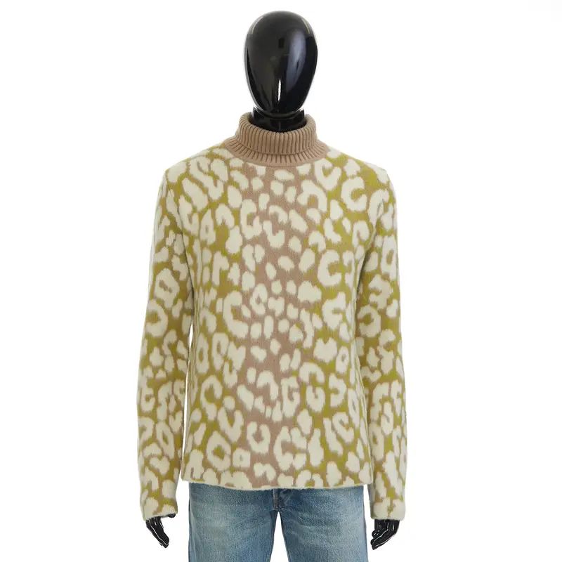 Stand Collar Sweater With Leopard Motif In Multicolor Cashmere Jacquard