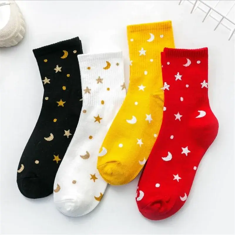 Star and Moon Pattern Crew Socks (4 Colours)