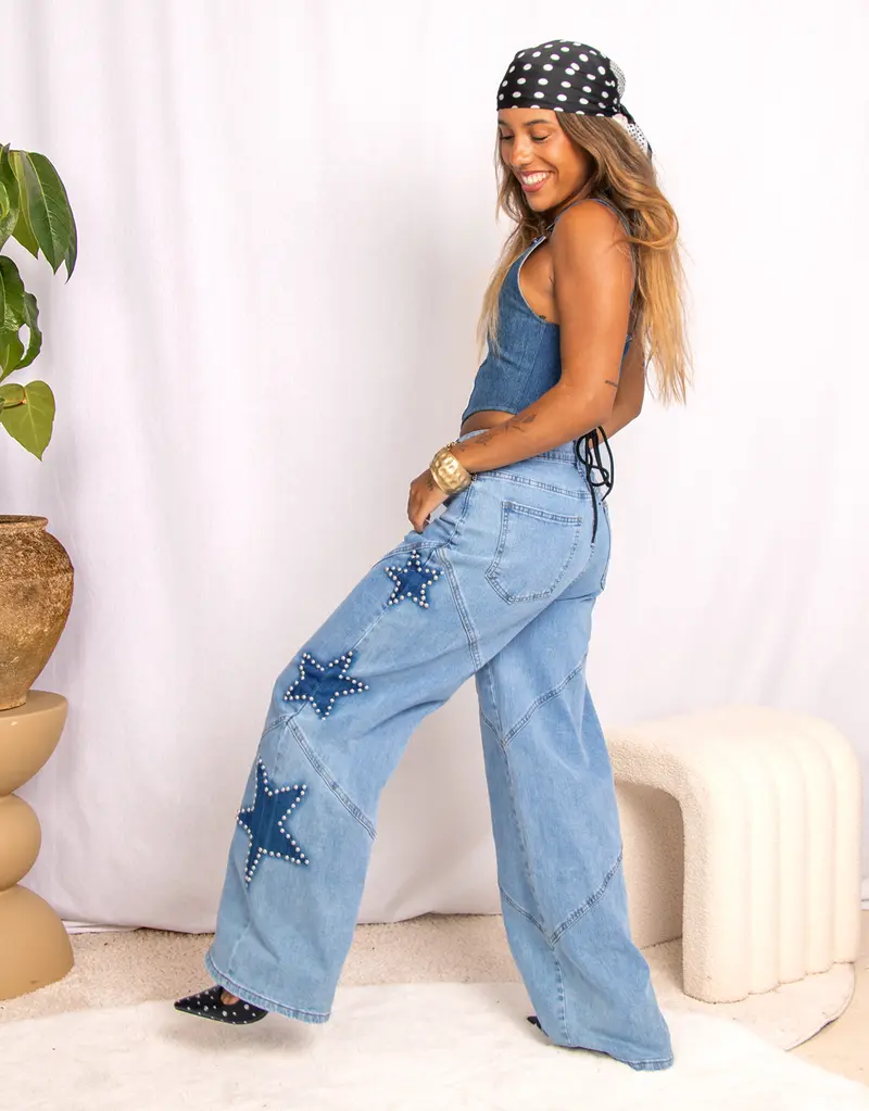 Star patches wide leg jeans