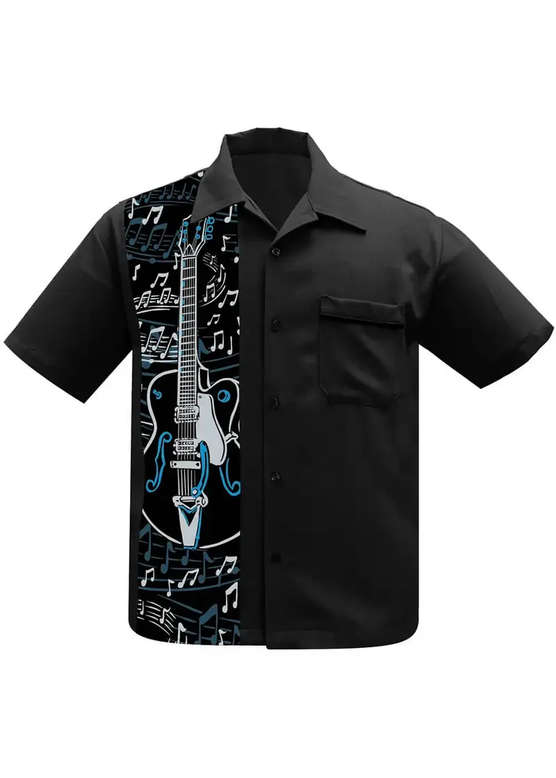 Steady Clothing Guitar Panel Bowling Shirt Black