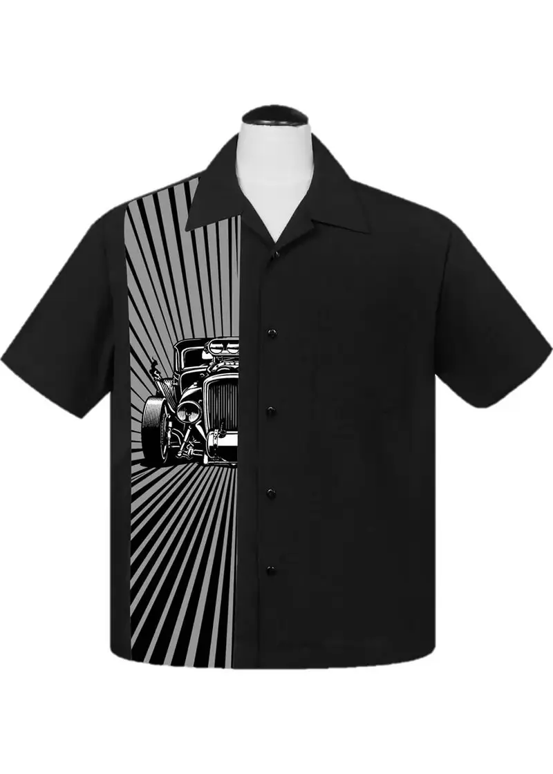 Steady Clothing Hot Rod Burst Bowling Shirt Black