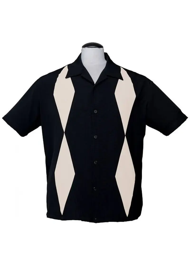 Steady Clothing Men's Diamond Duo Bowling Shirt Black Cream