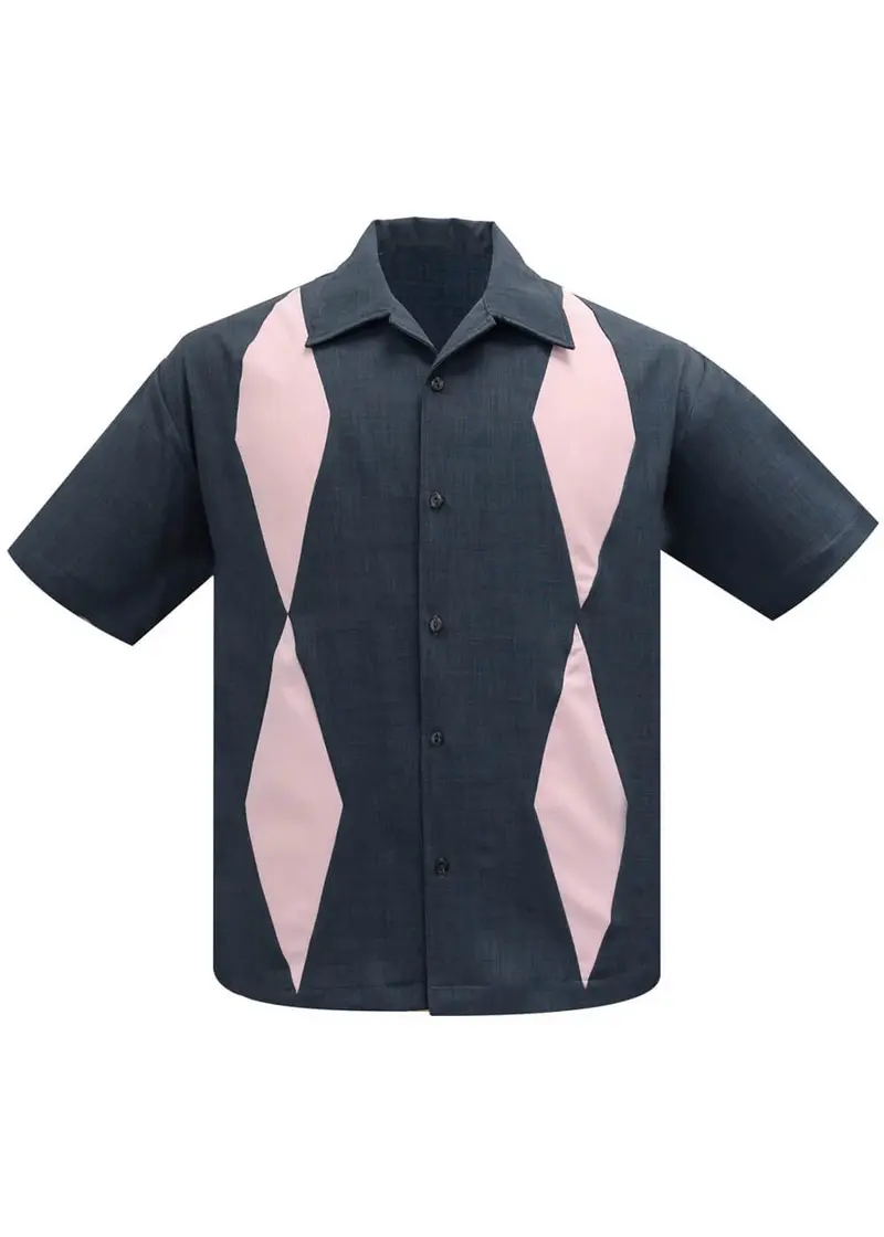 Steady Clothing Mens Diamond Duo Bowling Shirt Charcoal Pink