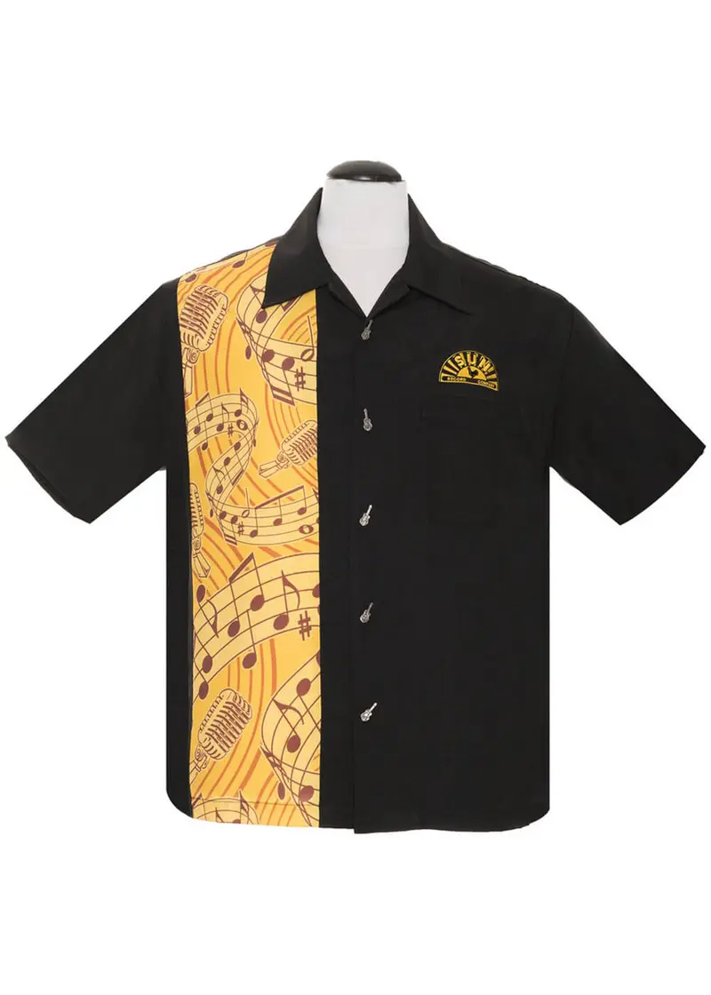 Steady Clothing Mens Sun Record Music Notes Bowling Shirt Black