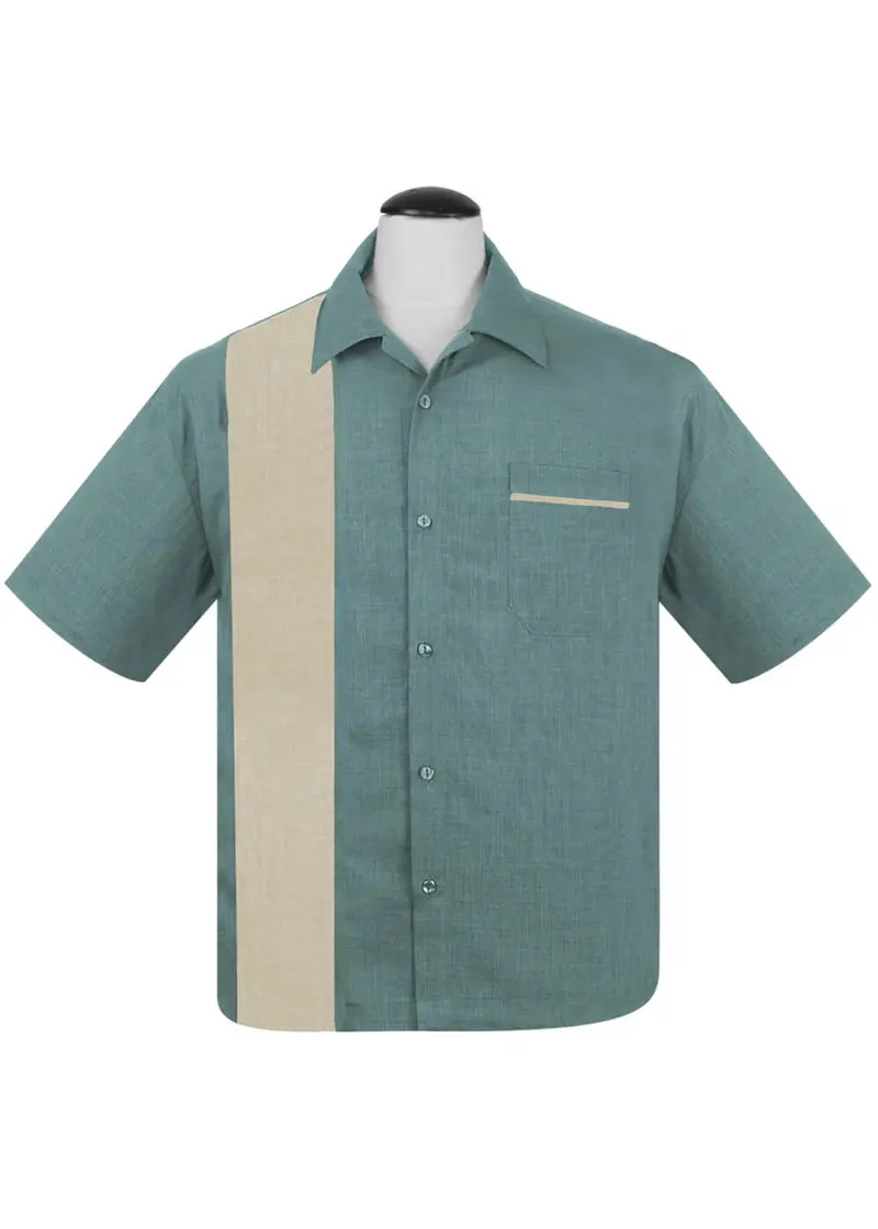 Steady Clothing Popcheck Single Panel Bowling Shirt Teal Stone