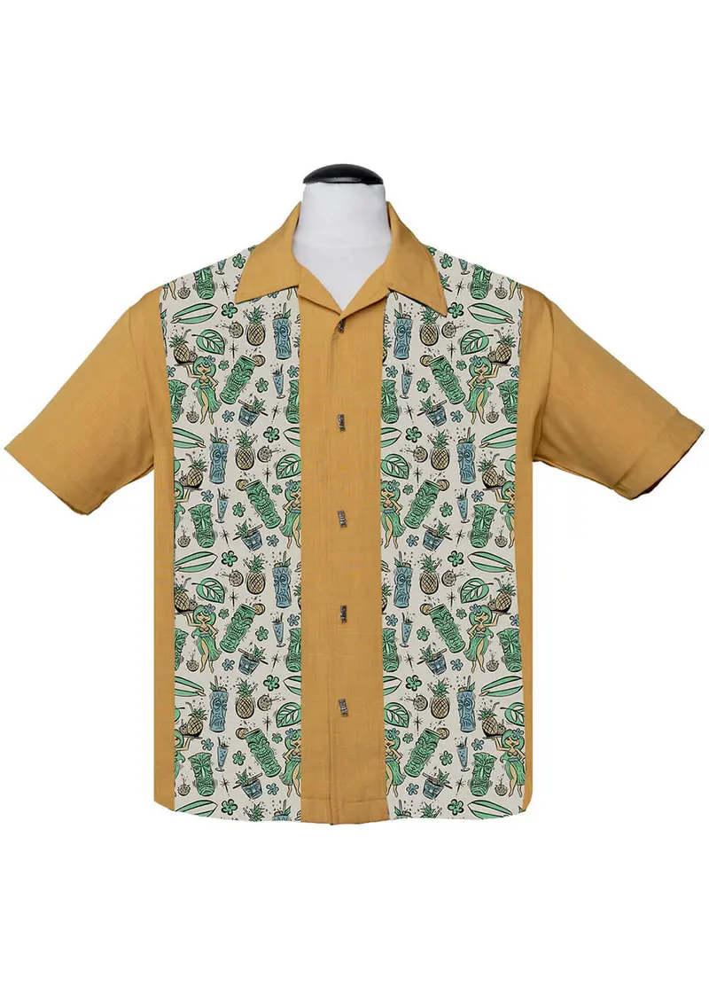 Steady Hula & Cocktails Panel Bowling Shirt Mustard