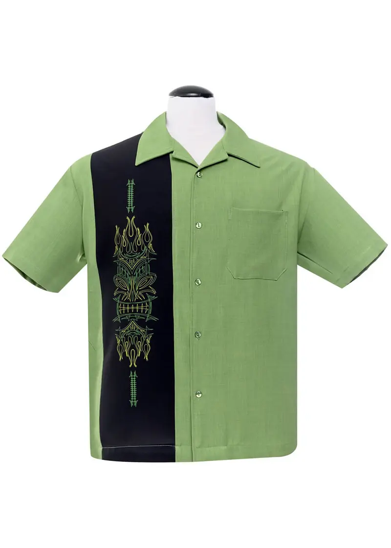 Steady Pinstripe Tiki Panel Bowling Shirt Green