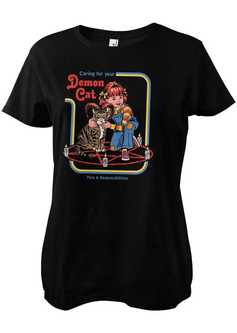 Steven Rhodes Caring For Your Demon Cat Girly T-Shirt Black