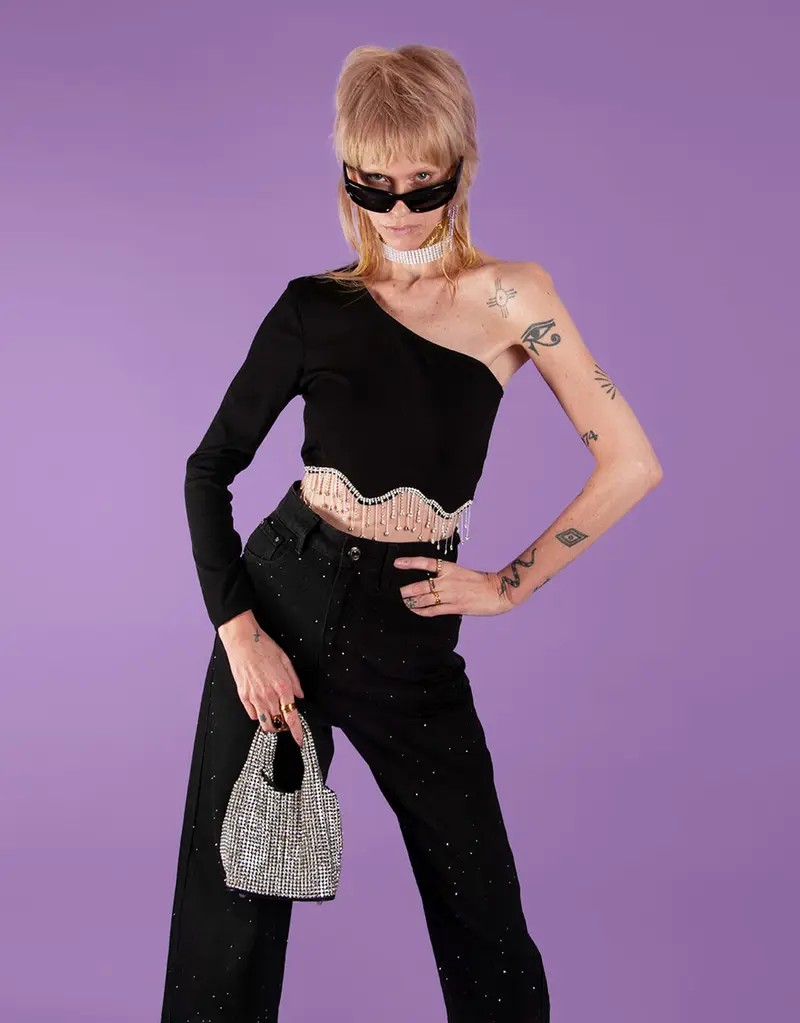 Strass fringe one shoulder crop top
