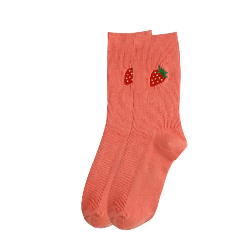 Strawberry Embroidered Ribbed Crew Socks