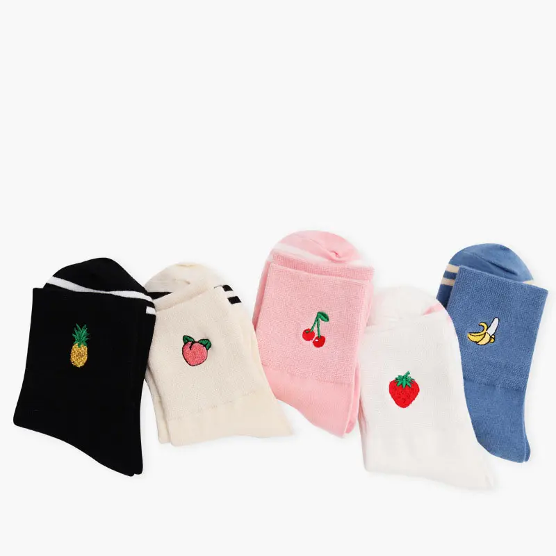 Striped Fruit Embroidery Crew Socks