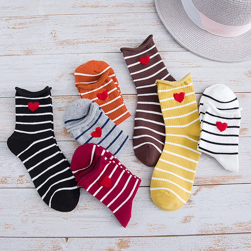 Striped Heart Embroidery Crew Socks (7 Colours)