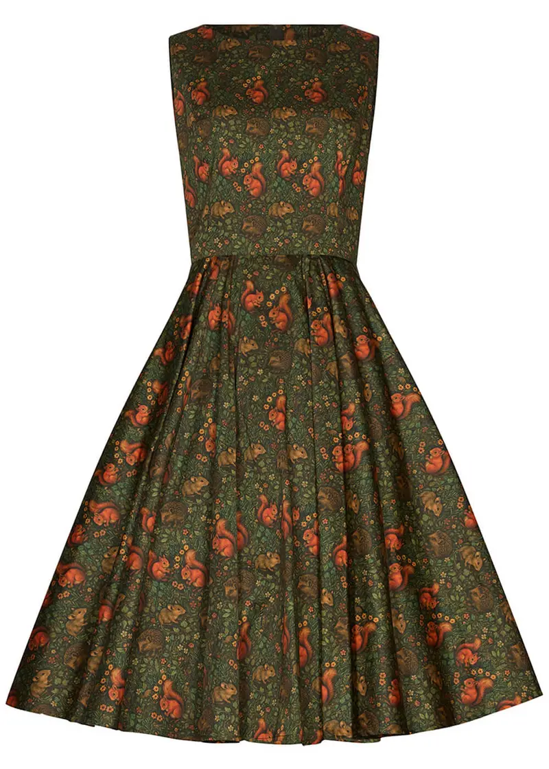 Succubus Clothing Audrey Squirrel Friends 50s Swing Dress Green