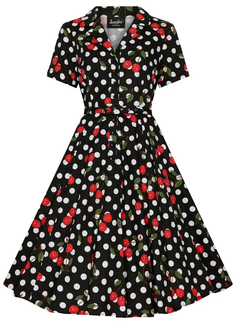 Succubus Clothing Claire Cherry Polkadot 50s Swing Dress in Black