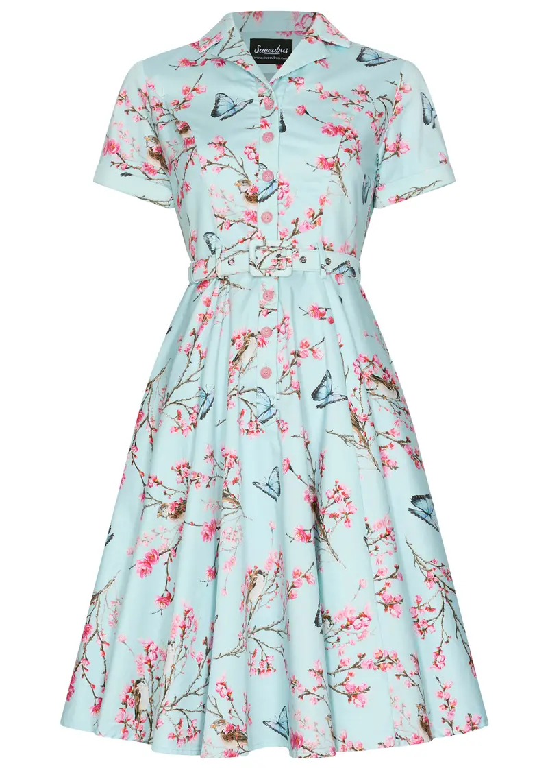 Succubus Clothing Lucy Blossom Butterfly 50's Swing Dress Blue