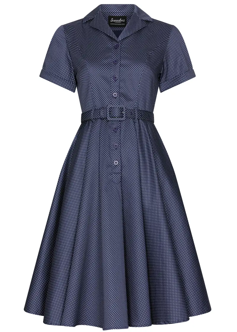 Succubus Clothing Lucy Polkadot 50s Swing Dress Navy