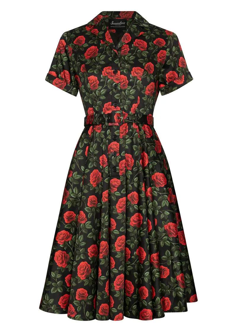 Succubus Clothing Lucy Roses & Thorns 50s Swing Dress Black