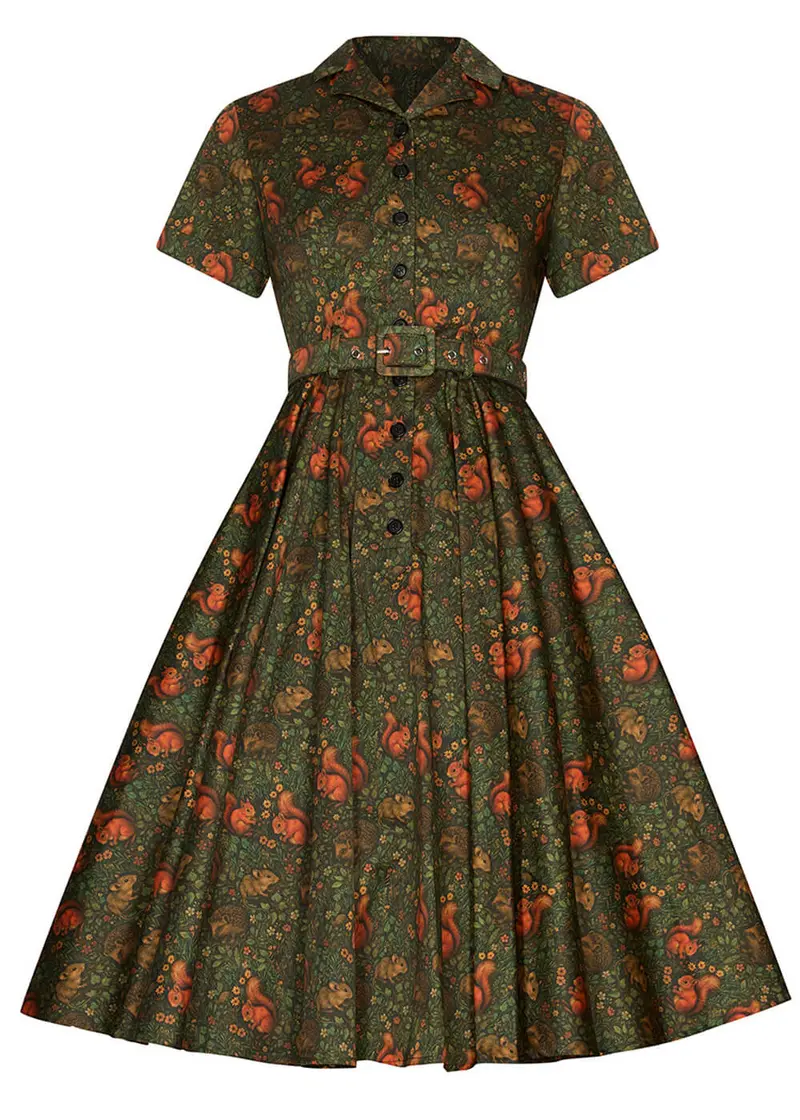 Succubus Clothing Lucy Squirrel Friends 50s Swing Dress Green