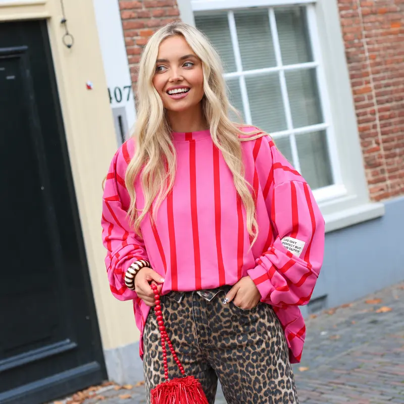 Sweater streep patch perfect roze rood