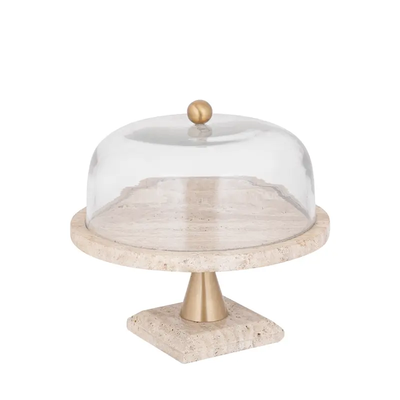 Taartplateau Lyron Naturel Travertine Rond Glas Bell Large PTMD