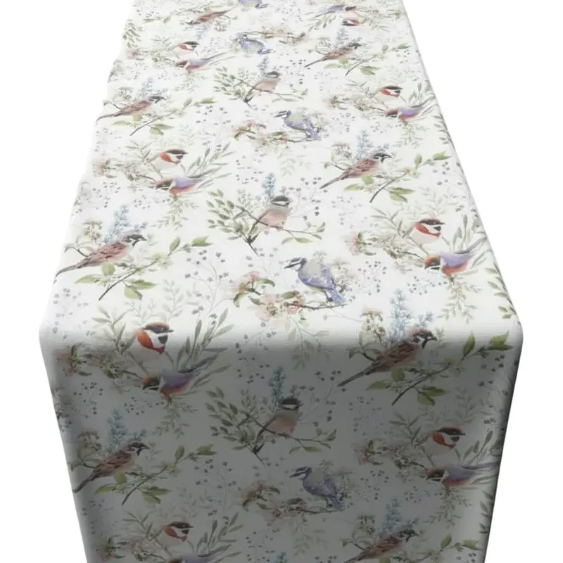 Tafelloper Busy Birds wit roze 150x40cm