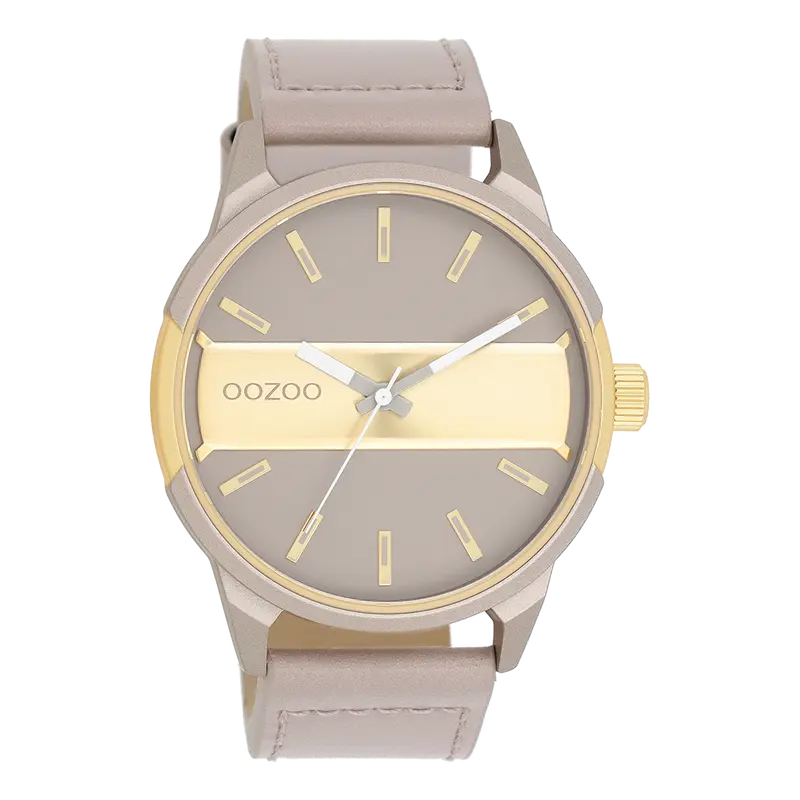 Taupe/goudkleurige OOZOO horloge met taupe leren band - C11317 (48mm)