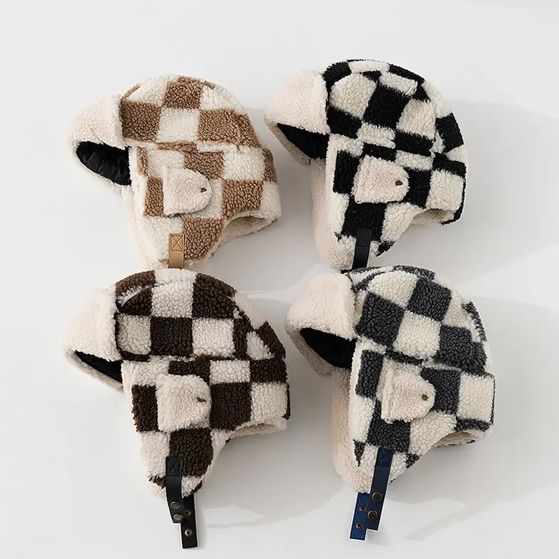Teddy Fur Checkerboard Earflap Trapper Hat (4 Colours)